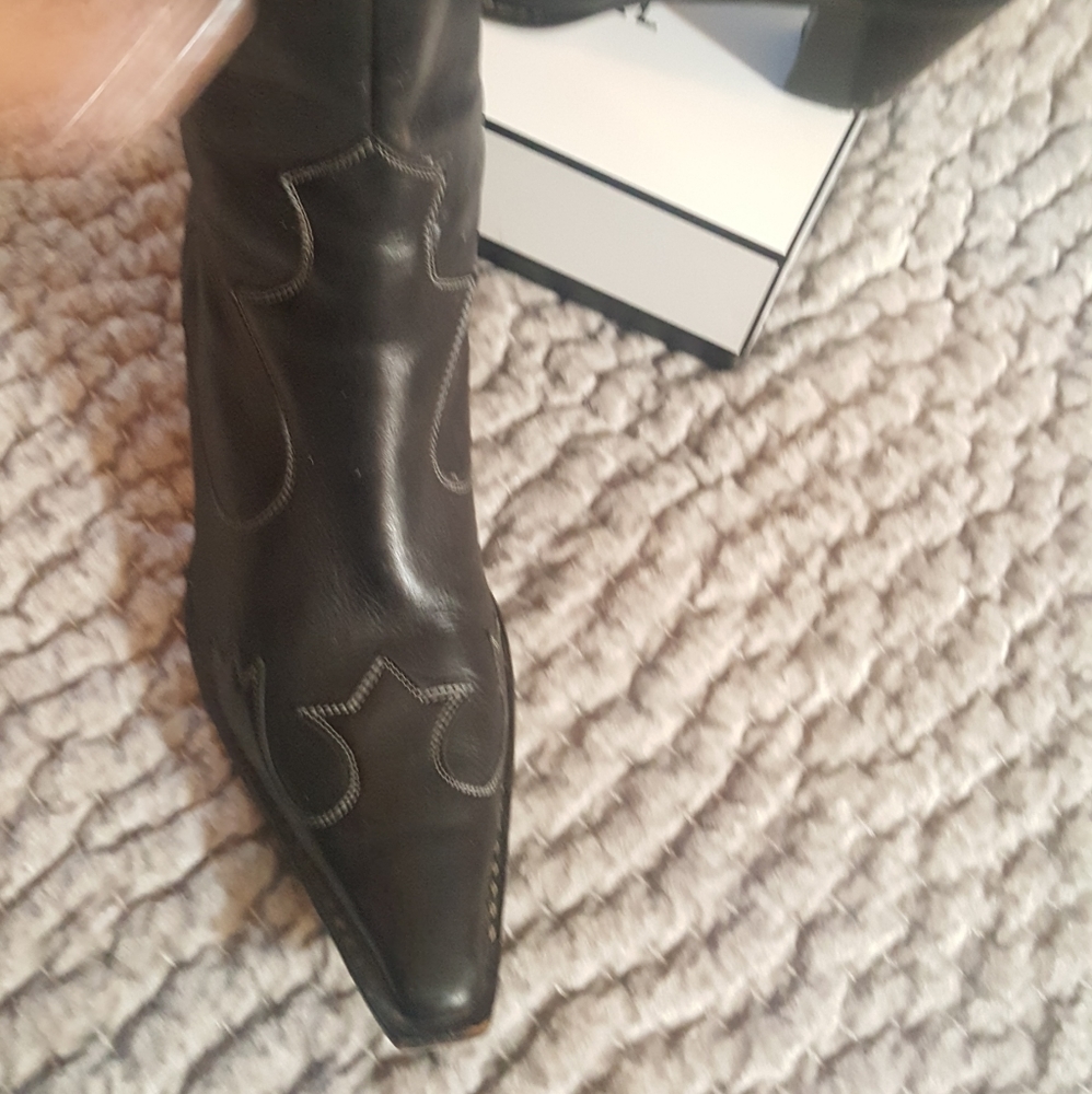 VINTAGE PAUL GREEN Western Cowboy Cowgirl Black Leather Pointed Toe Ankle Boots - Picture 12 of 16